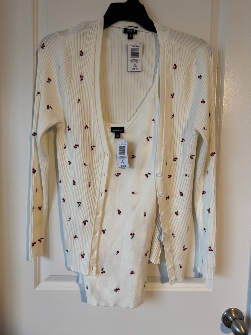 torrid Cream Ribbed Cardigan & Tank Set with Red Cherry Embroidery